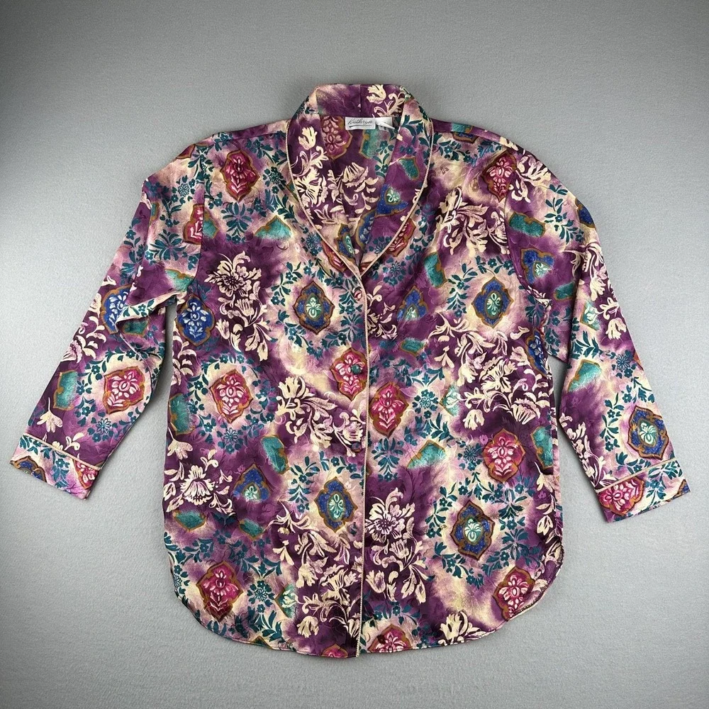 Kathryn Satin Floral Sleep Shirt Nightgown Button Green Blue Purple Size M